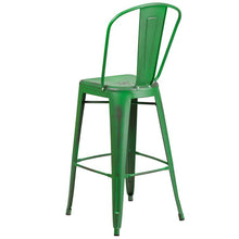 Load image into Gallery viewer, 30" High Distressed Green Metal Indoor-Outdoor Barstool with Back

