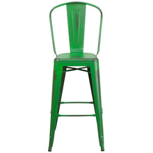 Load image into Gallery viewer, 30" High Distressed Green Metal Indoor-Outdoor Barstool with Back
