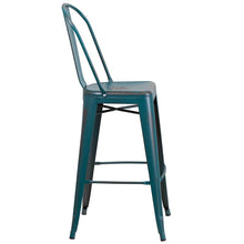 Load image into Gallery viewer, 30" High Distressed Kelly Blue-Teal Metal Indoor-Outdoor Barstool with Back
