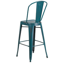 Load image into Gallery viewer, 30" High Distressed Kelly Blue-Teal Metal Indoor-Outdoor Barstool with Back
