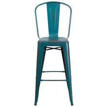 Load image into Gallery viewer, 30" High Distressed Kelly Blue-Teal Metal Indoor-Outdoor Barstool with Back
