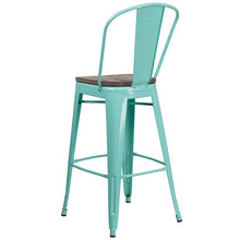 Load image into Gallery viewer, 30" High Mint Green Metal Barstool with Back and Wood Seat
