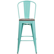 Load image into Gallery viewer, 30" High Mint Green Metal Barstool with Back and Wood Seat
