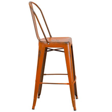 Load image into Gallery viewer, 30" High Distressed Orange Metal Indoor-Outdoor Barstool with Back
