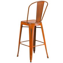 Load image into Gallery viewer, 30" High Distressed Orange Metal Indoor-Outdoor Barstool with Back

