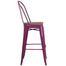 Load image into Gallery viewer, 30" High Purple Metal Barstool with Back and Wood Seat
