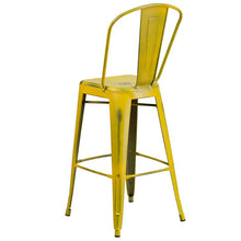 Load image into Gallery viewer, 30" High Distressed Yellow Metal Indoor-Outdoor Barstool with Back
