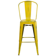 Load image into Gallery viewer, 30" High Distressed Yellow Metal Indoor-Outdoor Barstool with Back
