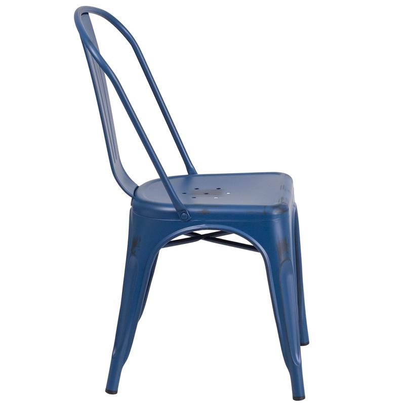 Distressed Antique Blue Metal Indoor-Outdoor Stackable Chair