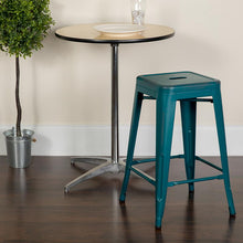 Load image into Gallery viewer, 24" High Distressed Kelly Blue-Teal Metal Indoor-Outdoor Counter Height Stool
