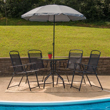 Load image into Gallery viewer, 6 Piece Black Patio Garden Set with Umbrella Table and Set of 4 Folding Chairs
