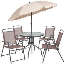 Load image into Gallery viewer, 6 Piece Brown Patio Garden Set with Umbrella Table and Set of 4 Folding Chairs
