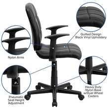 Load image into Gallery viewer, Mid-Back Black Quilted Vinyl Swivel Task Office Chair with Arms
