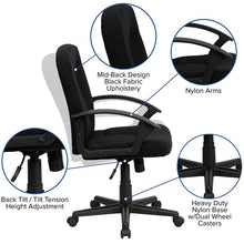 Load image into Gallery viewer, Mid-Back Black Fabric Executive Swivel Office Chair with Nylon Arms

