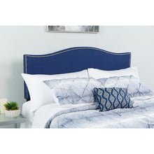 Load image into Gallery viewer, Upholstered Full Size Headboard with Accent Nail Trim in Navy Fabric
