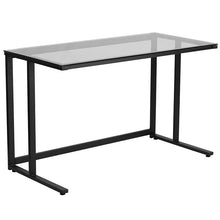 Load image into Gallery viewer, Glass Desk with Black Pedestal Metal Frame
