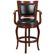 Load image into Gallery viewer, 30'' High Cherry Wood Barstool with Arms, Panel Back and Black Swivel Seat
