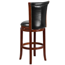 Load image into Gallery viewer, 30'' High Dark Chestnut Wood Barstool with Panel Back and Black Swivel Seat

