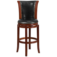 Load image into Gallery viewer, 30'' High Dark Chestnut Wood Barstool with Panel Back and Black Swivel Seat
