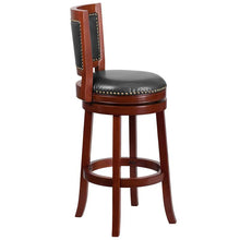 Load image into Gallery viewer, 30'' High Dark Cherry Wood Barstool with Open Panel Back and Walnut Swivel Seat
