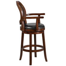 Load image into Gallery viewer, 30'' High Expresso Wood Barstool, Woven Rattan Back and Black Swivel Seat

