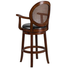 Load image into Gallery viewer, 30'' High Expresso Wood Barstool, Woven Rattan Back and Black Swivel Seat
