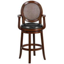 Load image into Gallery viewer, 30'' High Expresso Wood Barstool, Woven Rattan Back and Black Swivel Seat
