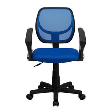 Load image into Gallery viewer, Low Back Blue Mesh Swivel Task Office Chair with Curved Square Back and Arms

