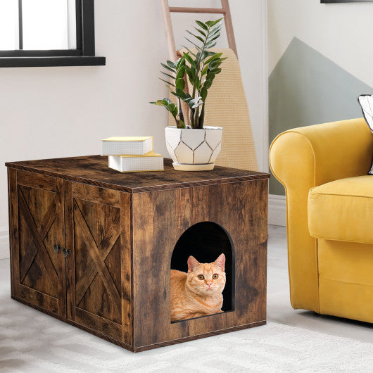 Wooden Hidden Cabinet Cat Furniture with Divider-Coffee