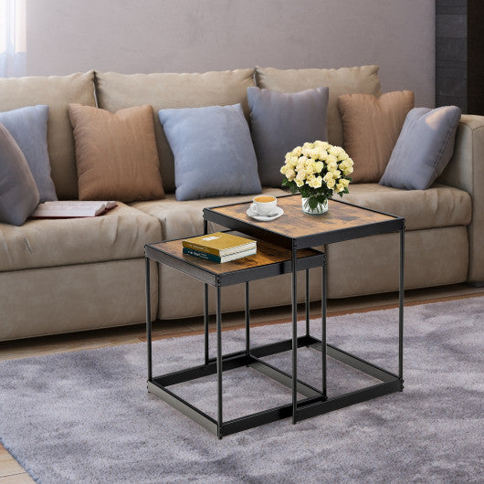 Set of 2 Modern Nesting Tables with Sturdy Steel Frame for Living Room-Rustic Brown