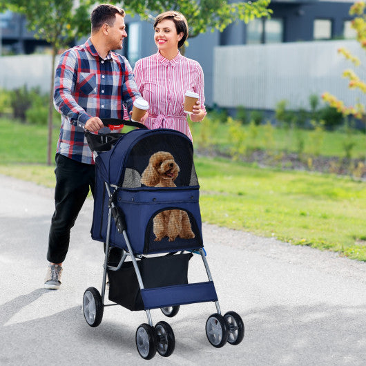 Foldable 4-Wheel Pet Stroller with Storage Basket-Navy