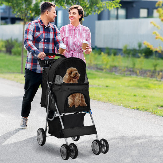 Foldable 4-Wheel Pet Stroller with Storage Basket-Black