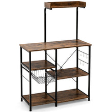 Load image into Gallery viewer, 4-tier Kitchen Baker's Rack with Basket and 5 Hooks-Rustic Brown

