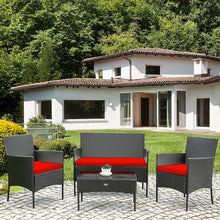 Load image into Gallery viewer, 4 Pcs Patio Rattan Cushioned Sofa Furniture Set with Tempered Glass Coffee Table-Red
