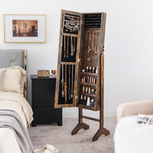 Standing Jewelry Cabinet with Full Length Mirror-Brown