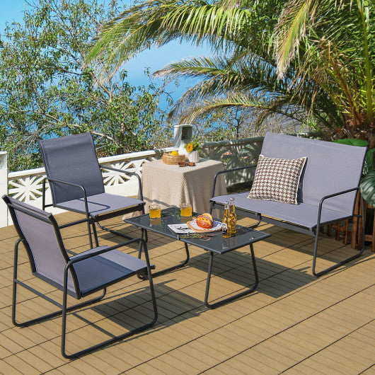 4 Pieces Metal Patio Furniture Chat Set with Tempered Glass Coffee Table