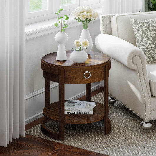2-Tier Round Side End Table with Drawer