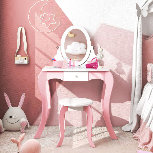 Pretend Kids Vanity Set Makeup Dressing Table with 360° Rotatable Mirror