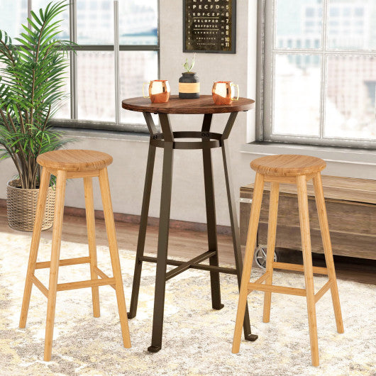 Set of 2 Bamboo Backless Pub Barstools with Round Seat and Footrest-Natural