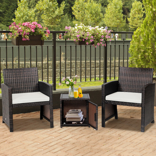 3 Pieces Patio Wicker Furniture Set with Storage Table and Protective Cover-Off White