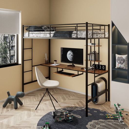 Twin Size Metal Loft Bunk Bed with Desk Shelf and Full Length Guardrail-Black