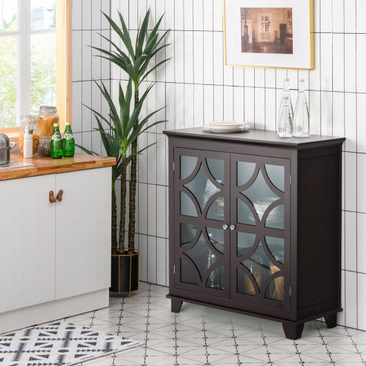 Kitchen Buffet Sideboard with Glass Doors and Adjustable Shelf-Brown