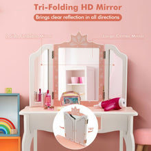 Load image into Gallery viewer, Princess Vanity Table and Chair Set with Tri-Folding Mirror and Snowflake Print-Pink
