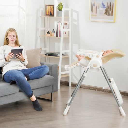Foldable Baby High Chair with Double Removable Trays and Book Holder-Beige