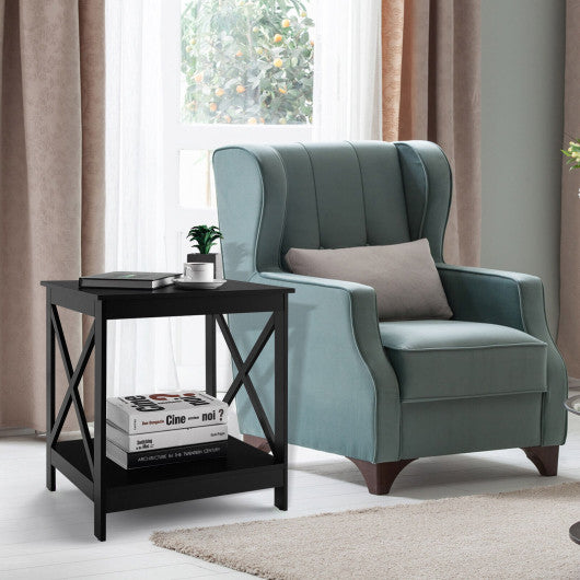 2-Tier Side Table with X-shape Design and 4 Solid Legs-Black