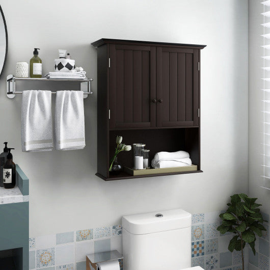 2-Door Wall Mount Bathroom Storage Cabinet with Open Shelf-Espresso