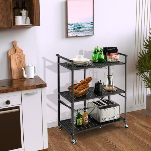 3-Tier Foldable Kitchen Cart Mobile Metal Organizer Rack