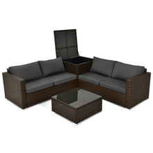 Load image into Gallery viewer, 4 Pieces Patio Rattan Cushioned Furniture Set with Armrest and Storage Box-Brown
