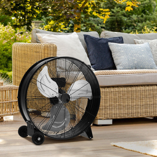 3-Speed 24 Inch Industrial Drum Fan with Aluminum Blades-Black