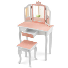 Load image into Gallery viewer, Princess Vanity Table and Chair Set with Tri-Folding Mirror and Snowflake Print-Pink
